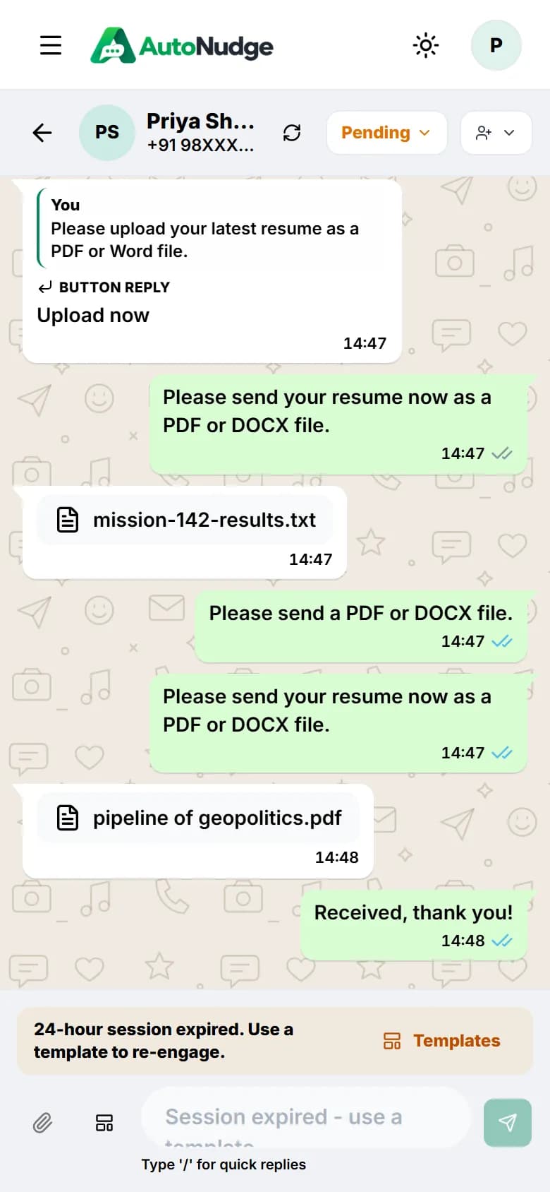 WhatsApp conversation in the mobile inbox