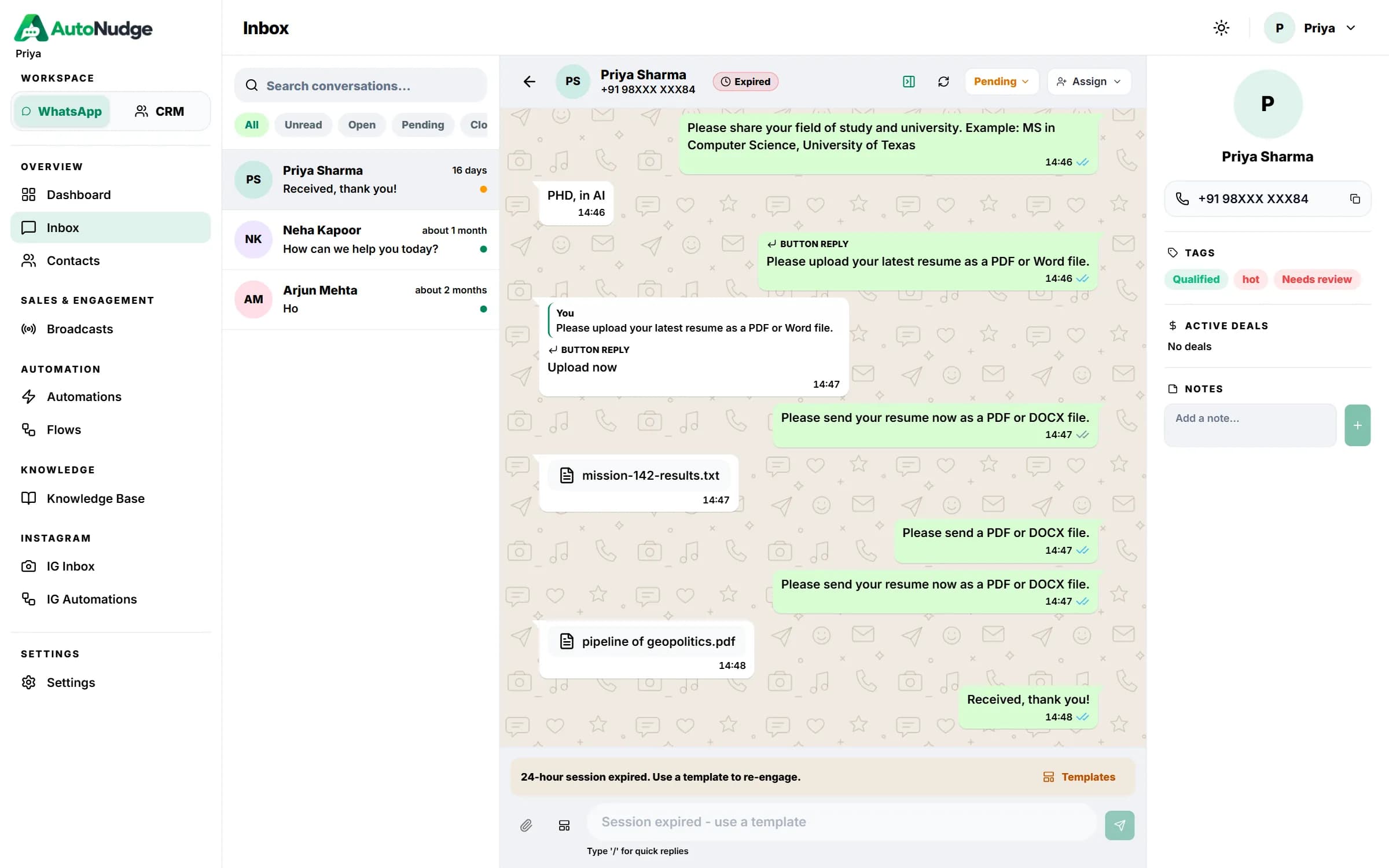 Shared inbox with conversation list, WhatsApp chat and contact details
