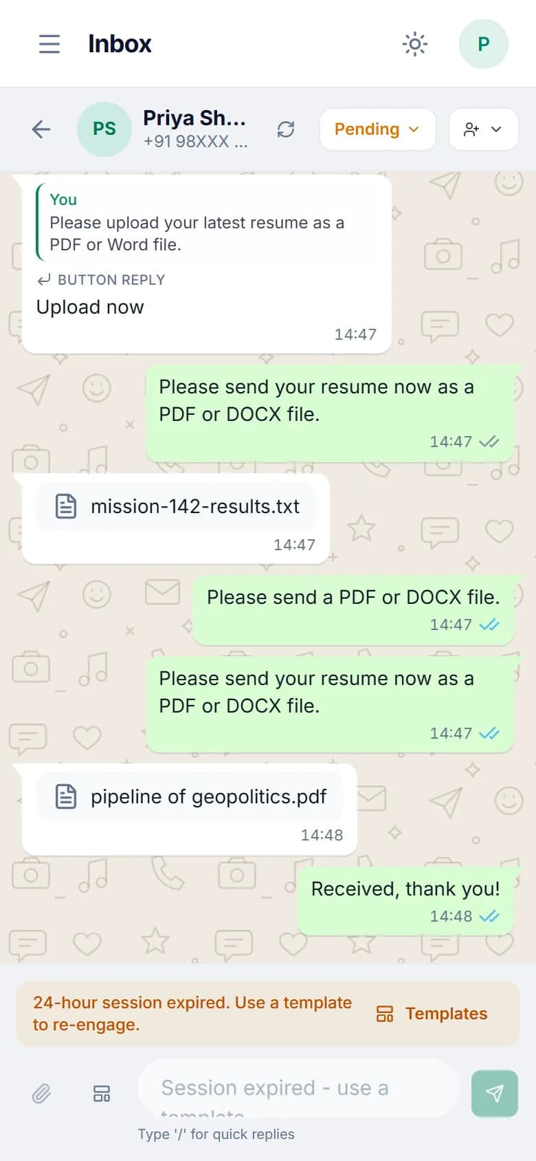 WhatsApp conversation in the mobile inbox