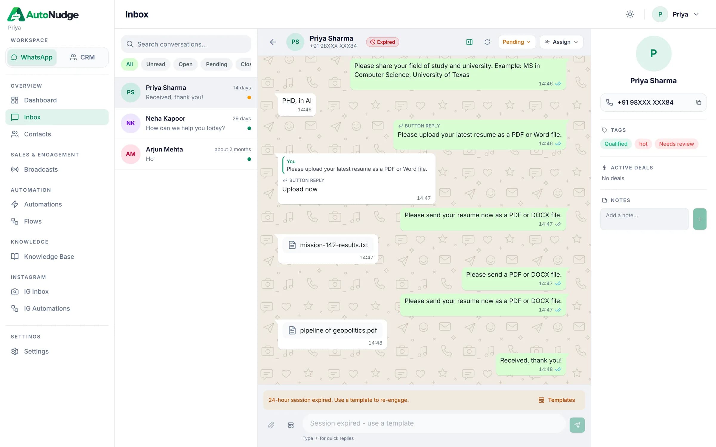 Shared inbox with conversation list, WhatsApp chat and contact details